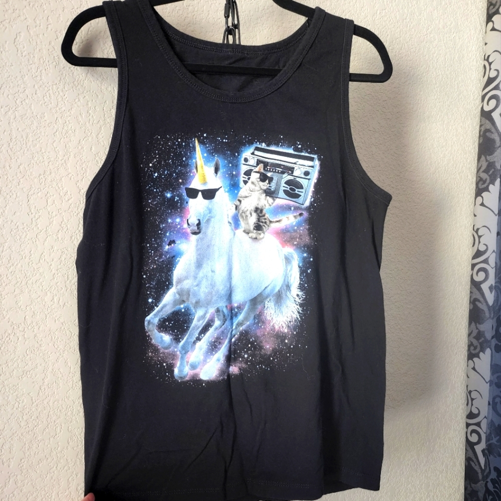 Black Unicorn Cat Tank, unisex size Medium